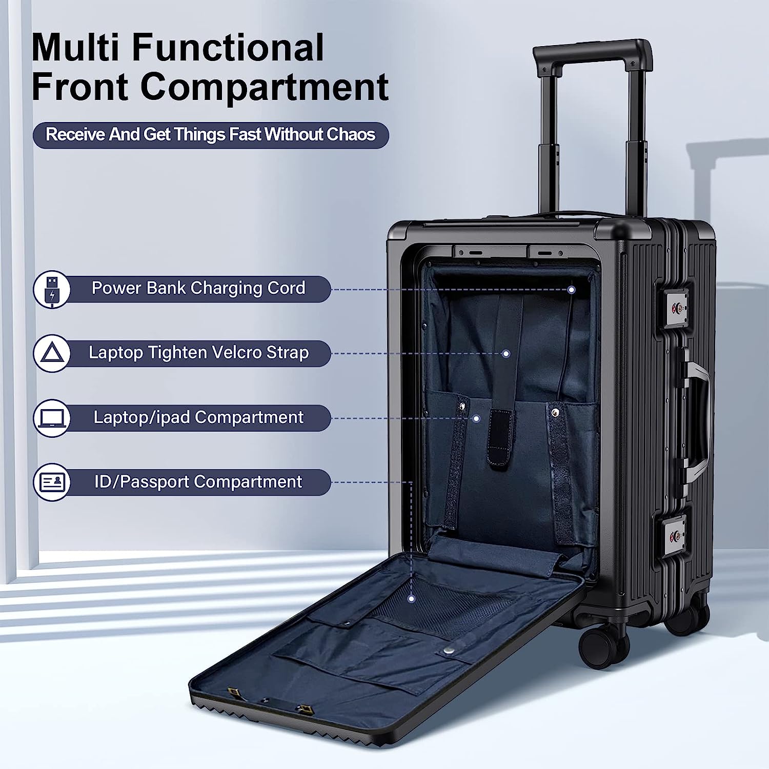 SOMODE Airline Approved Carry On Luggage with Spinner Wheels,Aluminum Framed Carry On Suitcase with Front Open Laptop Compartment/Pocket 22×14×9 inch Large Checked-in Luggage(White) - Image 7